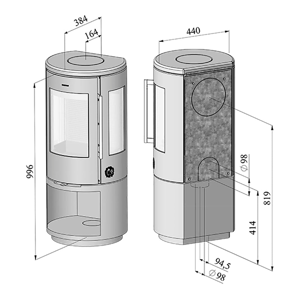 Morsø 7443 wood burning stove with 180-degree panoramic glass panels